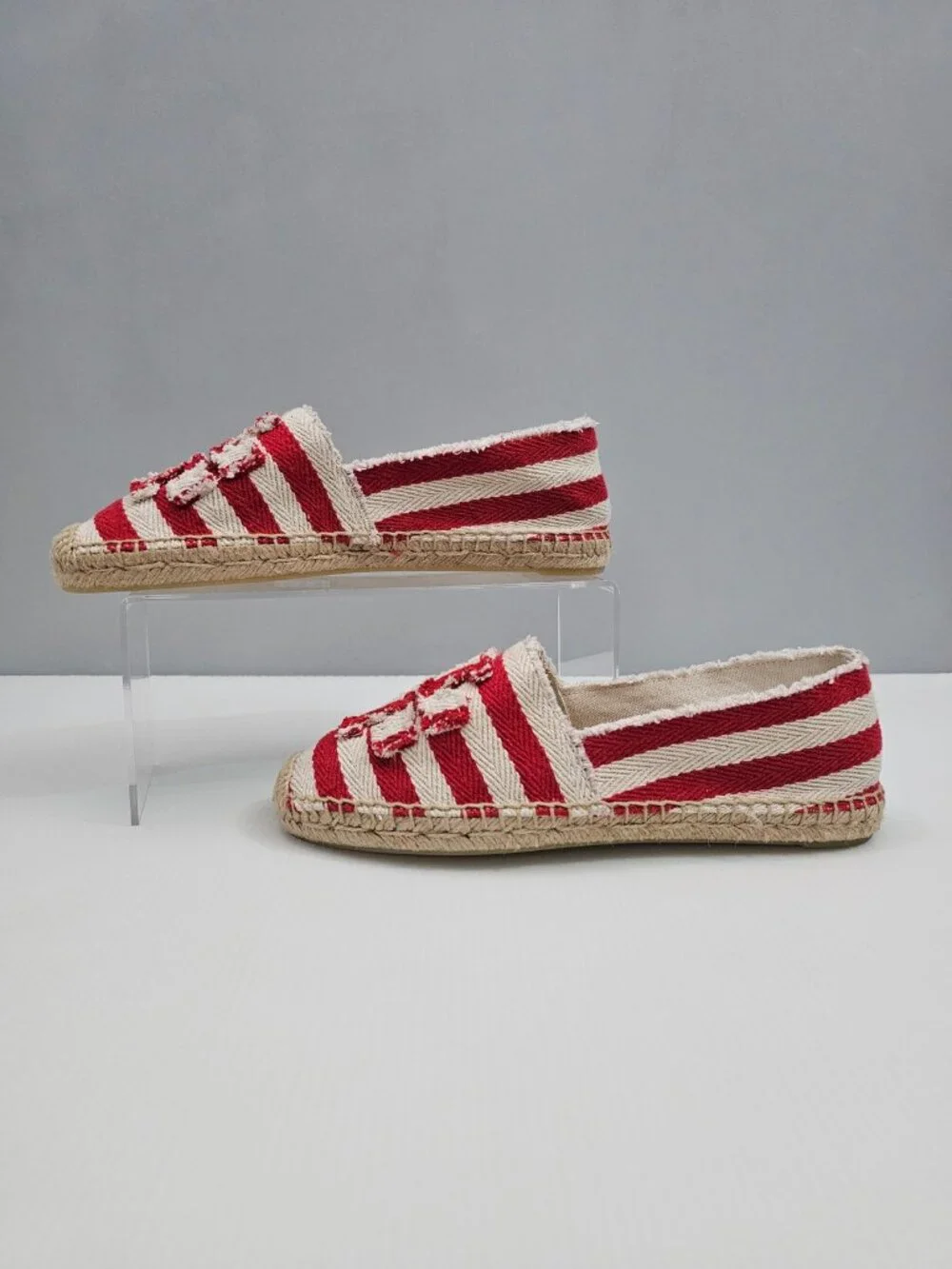 Tory Burch Fray Stripe Espadrille Flats Womens 7.5 Red White Logo Canvas Slip On
